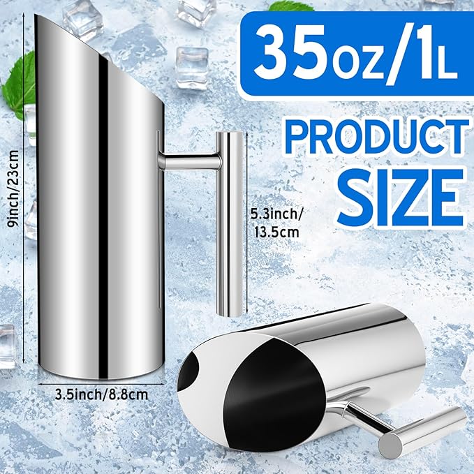 3 Pack Stainless Steel Water Pitcher 33 oz / 1 L Modern Metal Pitcher with Ice Guard Silver Carafe Drink with Handle or Iced Hot Drink Tea Juice Coffee Beer