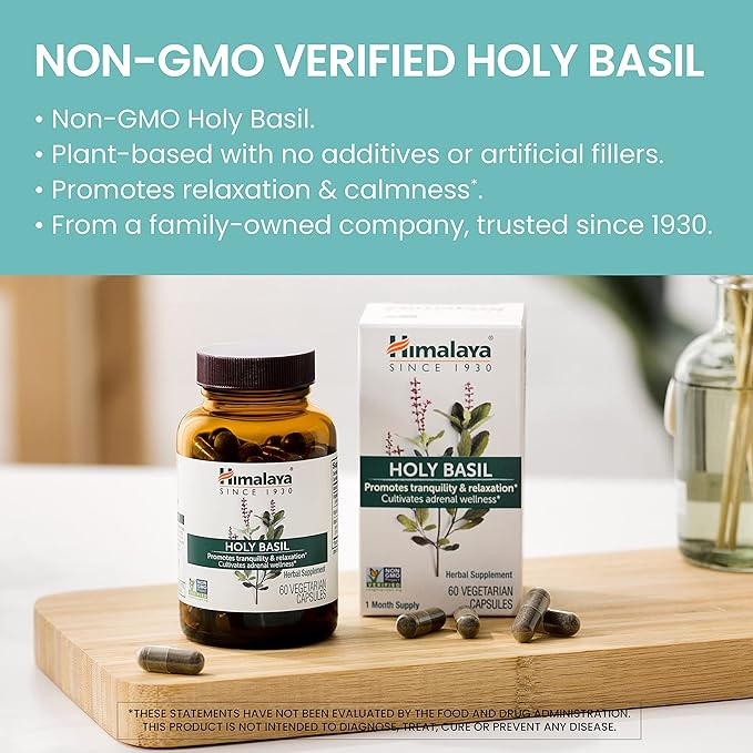 Himalaya Holy Basil, 30 Day Supply - Herbal Adrenal Support for Stress Relief, Relaxation, Energy Support and Occasional Sleeplessness - Vegan, Non-GMO, Gluten Free, 720 mg, 60 Capsules