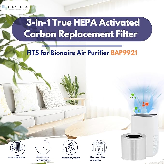 Nispira BAP9921 3-in-1 True HEPA Activated Carbon Replacement Filter Compatible with Bionaire BAP9921 Air Purifier, 1 Pack