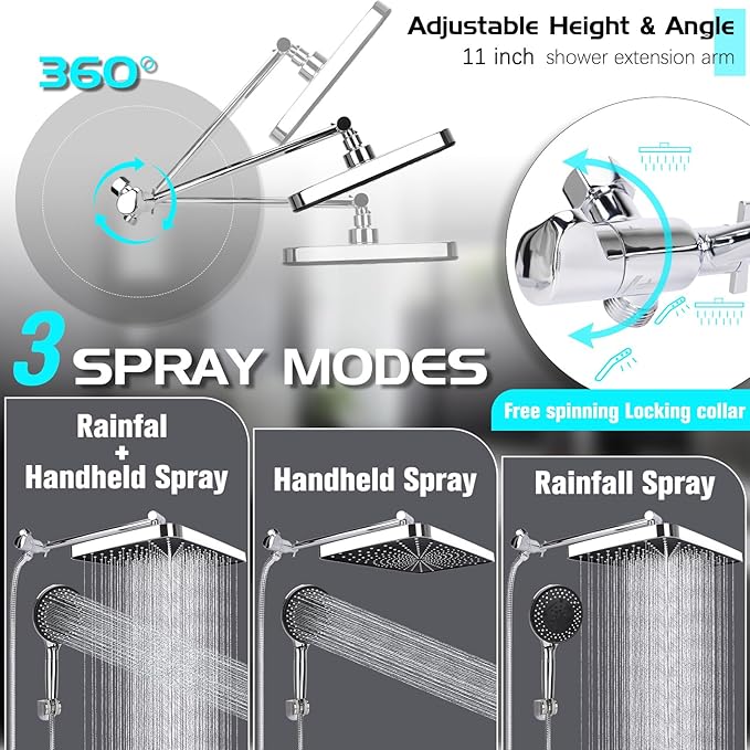Shower Head 14'' High Pressure Rain Shower Head Combo, Filtered Handheld with 10 Water Spray, 3-Way Diverter Extension Arm Rainfall Showerhead, Adjustable Shower head with Anti-Clog Nozzles