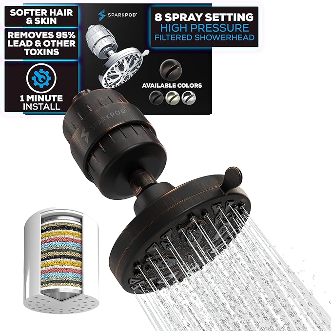 SparkPod 8 Spray Setting Filtered Showerhead - Water Filter Suitable for People with Dry Hair, Skin & Scalp, 5" Shower Head with Enhanced Formula Filter Reduces Chlorine (Oil-Rubbed Bronze)