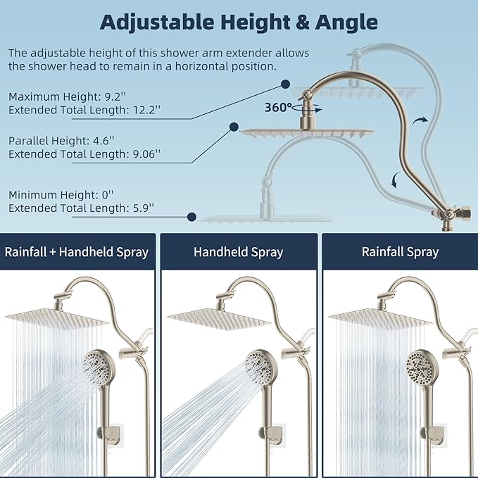 Hibbent All Metal Shower Head, 10'' High Pressure Rainfall Shower Head/Handheld Showerhead Combo/ 12'' Adjustable Curved Shower Extension Arm, 10-Spray, 71'' Hose, Showerhead Holder, Brushed Nickel