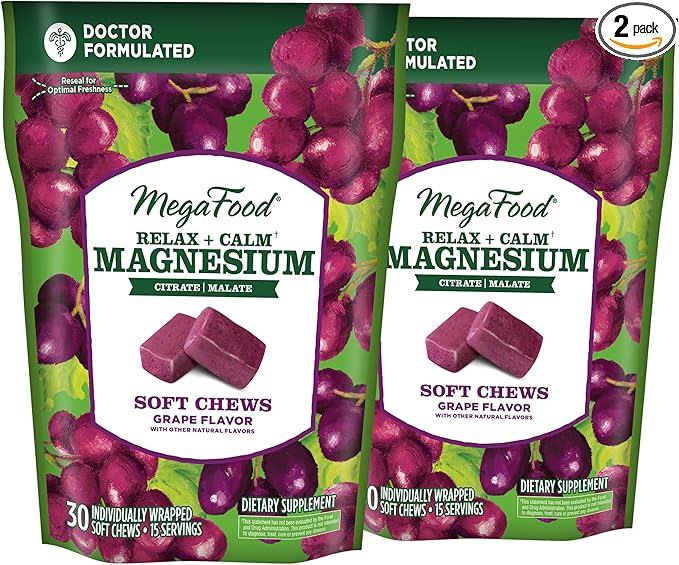MegaFood Relax + Calm Magnesium Supplement -Soft Chews with Magnesium Citrate & Magnesium Malate - Grape-Flavor - Dr Formulated - Vegetarian - Without 9 Food Allergens - 30 Chews (Pack of 2)