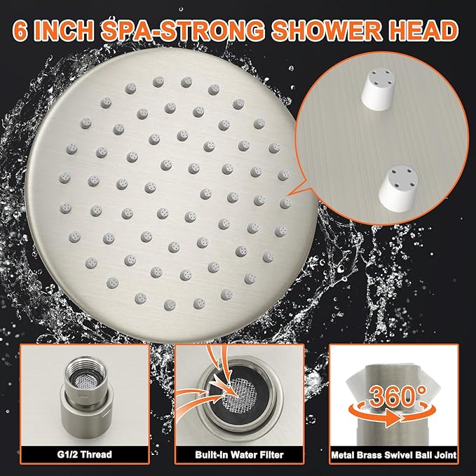 6 Inch Round Rainfall Shower Head with Stainless Steel Arm High Pressure Water Saving Anti-Clog Nozzles Easy Install for Bathroom/Bathtub (Round, Brushed Nickel)