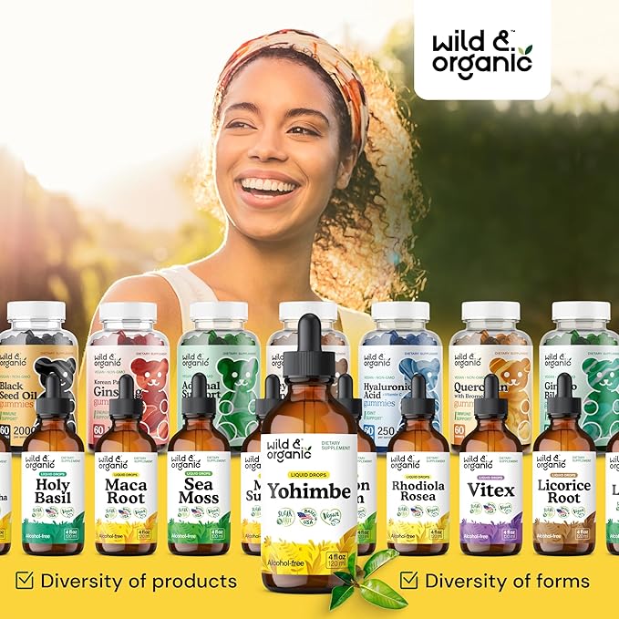 Wild & Organic Yohimbe Supplements for Men & Women - 5 mg Yohimbine Extract Tincture - Alcohol-Free Yohimbe Bark Drops - Vegan, Non-GMO & Sugar-Free - 4 fl oz