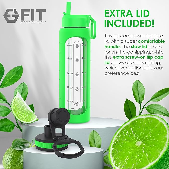FIT Strong & Healthy 32 oz Glass Water Bottle with Straw Lid, Time Marker, Sleeve & Extra Lid - Motivational, Wide Mouth 1 Liter Glass Drinking Bottle