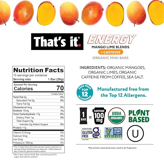 That’s it. Mango Lime Energy Mini Bars | 100mg Natural Caffeine |Mango Lime| Allergy-Friendly, Nut Free, Organic, Non-GMO, Gluten-Free Snacks | 15 Count