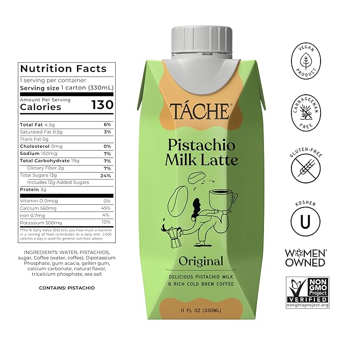 Táche Unsweetened Pistachio Milk and Ready-to-Drink Pistachio Coffee Latte Bundle, 32 oz Milk 6-Pack and 11 oz Latte 12-Pack