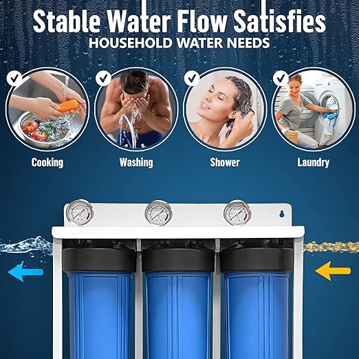 3 Stage High Capacity 20” Blue Whole House Water Filter System, Freestanding Steel Frame, Sediment, GAC+KDF & Carbon Cartridges, Presser Relief Button, 1” Brass Port, Pressure Gauges, Double O-Ring