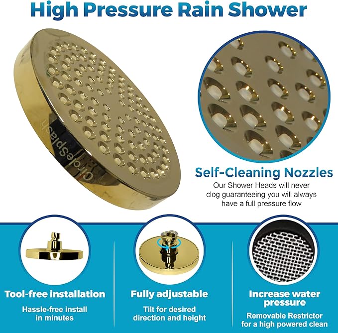 High Pressure Shower Head - Anti-Clogging Silicone Nozzles - 2.5 GPM Removable Restrictor - Easy to Clean Adjustable Replacement - easy to install with Plumbers Tape - 6 inch - Elegant Gold Finish