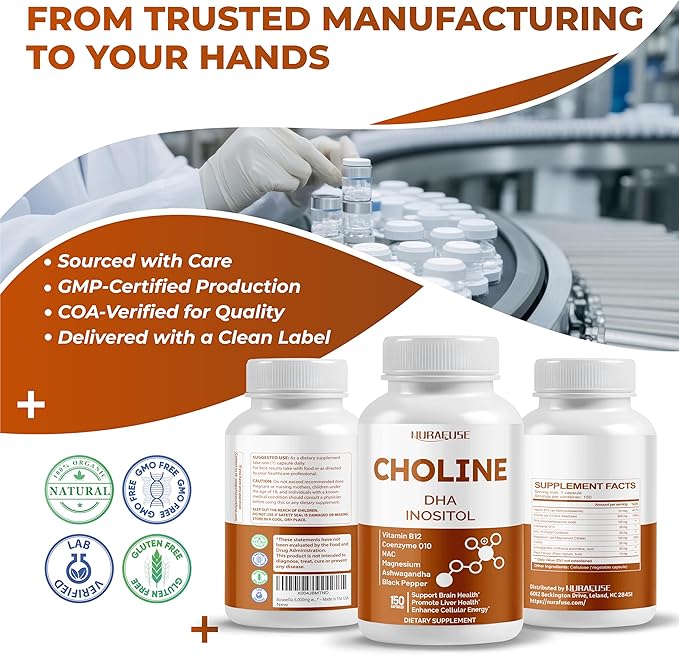 Choline with DHA, Inositol, Vitamin B12, Coenzyme Q10, NAC, Magnesium, Ashwagandha – Supports Brain Health, Promotes Liver Health – Made in The USA