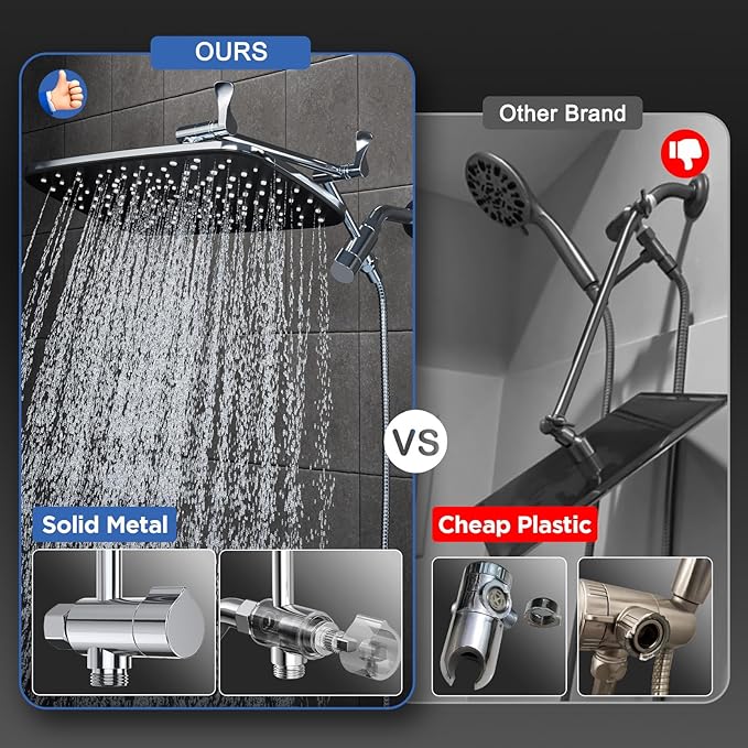 Veken Wide Rain Shower Head with Handheld, High Pressure Rainfall Showerhead Combo with Arm for Bathroom Accessories, Home Decor, Detachable Dual Shower with Multi Modes Handheld Spray, Silver Chrome