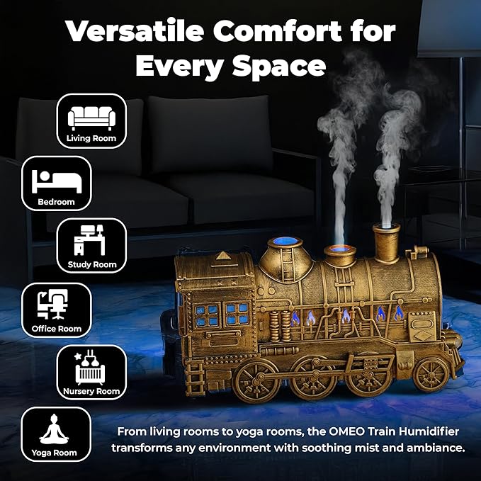 OMEO Gold Small Train Aromatherapy Humidifier & Essential Oil Diffuser - Dual Mist, Quiet Ultrasonic, 300ML Tank, Remote Control, LED Light, Air Purifier for Home, Office, and Bedroom Use