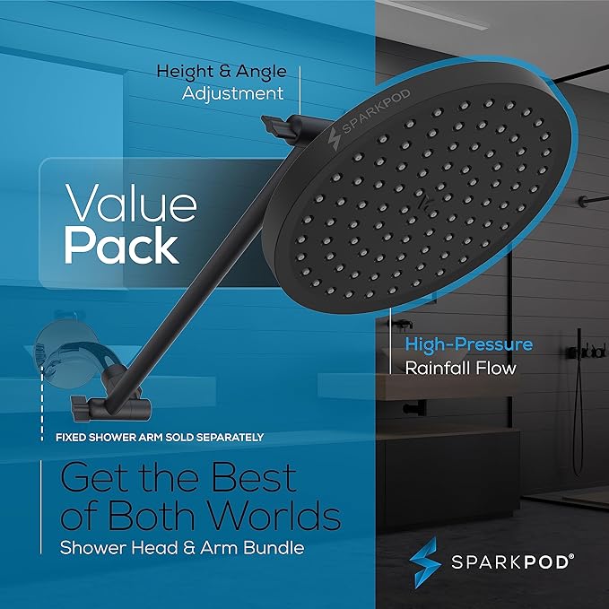 SparkPod Round Rain Shower Head with Extension Arm - Height Adjustable Shower Head with High Pressure Performance - Easy 1-Minute Installation (16" Arm Extension, Midnight Black Matte)