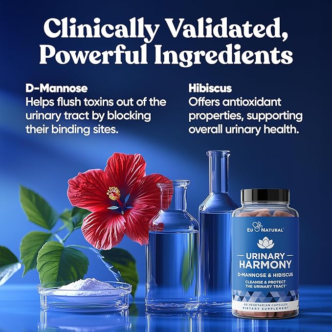Urinary Harmony D-Mannose Supplement – Urinary Tract Health for Women – Cleanses and Flushes The Urinary System – Potent Clinical Strength Formula with DMannose and Hibiscus – 60 Fast Acting Capsules
