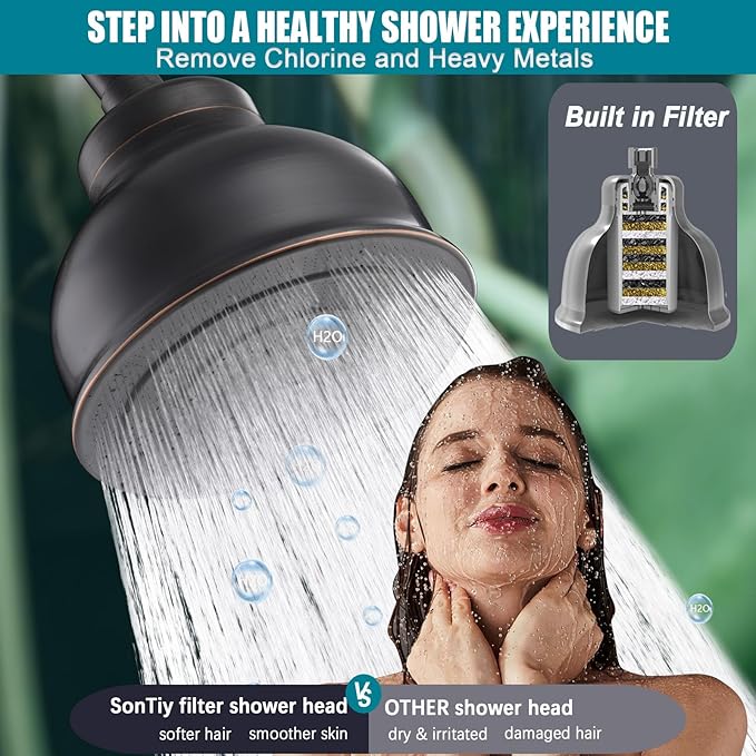 SonTiy Filtered Shower Head, All Metal Shower Filter Head For Hard Water Removes Chlorine, Improve Hair Skin, Adjustable High Pressure Water Softener Showerhead, 6 Inch, Oil Rubbed Bronze