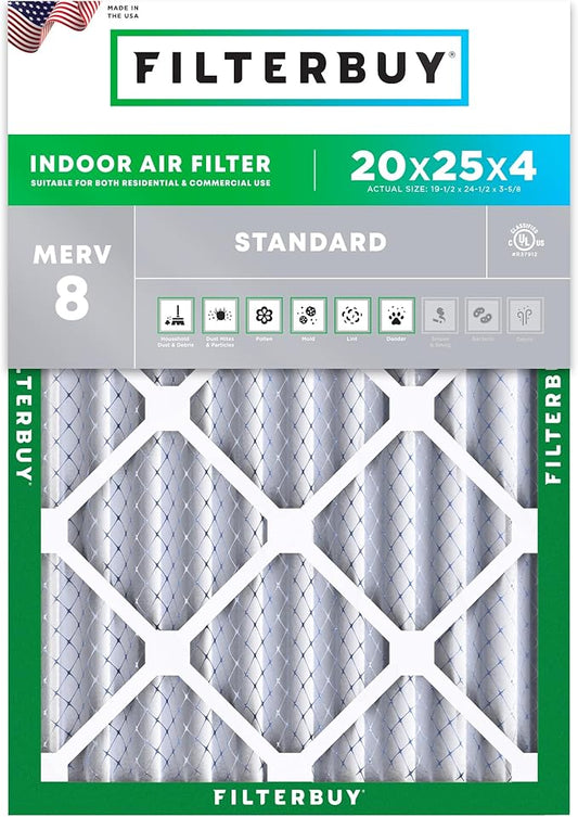 Filterbuy 20x25x4 Air Filter MERV 8 (MPR 700) Dust Defense Replacement (1-Pack), Electrostatic Pleated HVAC AC Furnace Filters, Made in USA (Actual Size: 19.50 x 24.50 x 3.63)