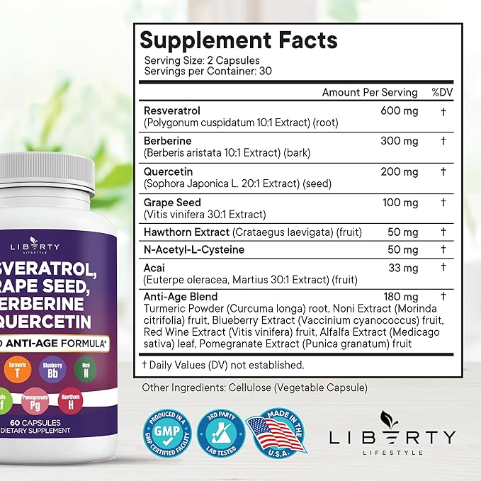 Resveratrol, Berberine, Grape Seed Extract, Quercetin, Polyphenol Supplement for Women and Men with Noni Extract, N-Acetyl Cysteine, Acai Extract (60 Count)