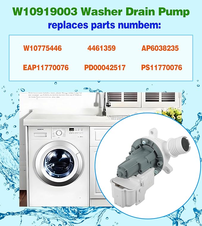 W10919003 W10775446 Washer Drain Pump Compatible With Whirlpool Kenmore Maytag Clothes Washer Washing Machine Water Drain Pump and Motor Replacement Parts for: AP6038235 4461359 PS11770076