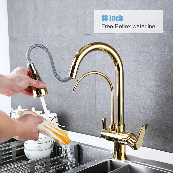 HUAHUALALA Kitchen Sink Faucet with Pull Down Sprayer 2 Handle 3 in 1 Water Filter Purifier Faucets, Brass Drinking Water Faucet Reverse Osmosis Gold