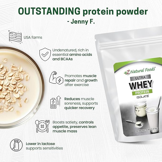 Z Natural Foods Ultra Whey Protein Isolate Powder - Pure, Unflavored, Unsweetened Whey Protein Powder - Flavorless Whey Isolate with Vital Proteins for Fitness, Sports Nutrition, Immune Support, 5 lb