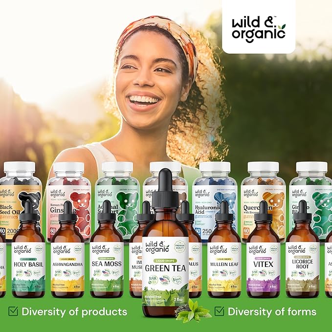 Wild & Organic Green Tea Extract Liquid Drops - Antioxidant Supplement - Natural Green Tea Supplements w/Camelia Sinensis - Vegan, Sugar & Alcohol-Free Tincture - 2 fl oz