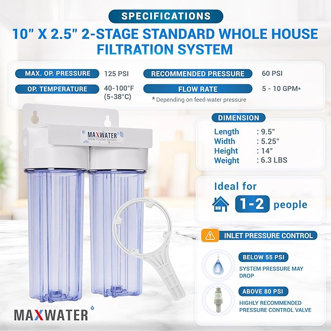 Max Water 10" 2 Stage Whole House Standard Home Water Filter System 3/4" Inlet Clear Filter Housing Variation, Supports 10" x 2.5" Water Filters (Clear, NO Filters)