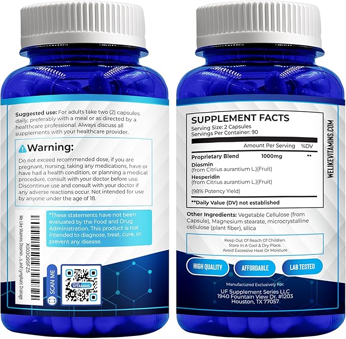 We Like Vitamins Diosmin Hesperidin 1000mg – 180 Capsules – 90 Day Supply - Diosmin and Hesperidin Supplement – Helps to Support Healthy Circulation, Veins, Capillaries, and Lymphatic Drainage