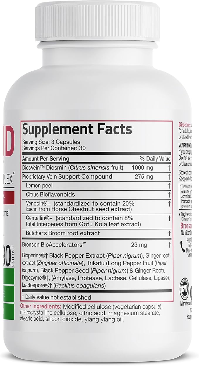 Bronson VeinAid Diosmin 1000mg DiosVein Varicose Vein Complex with Venocin & Centellin, 90 Vegetarian Capsules