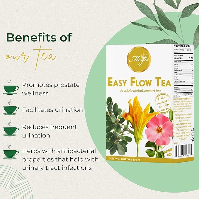 Merja Herbs Easy Flow Tea - For Prostate Support - Mediterranean Loose - Caffeine Free - 100% Natural & Premium Quality 250gr 8.82 oz