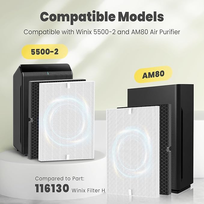 116130 Replacement Filter H for Winix 5500-2 AM80 Plasmawave Air Purifier, Includes 3 Pack True HEPA Filter and 3 Pack Activated Carbon Filter