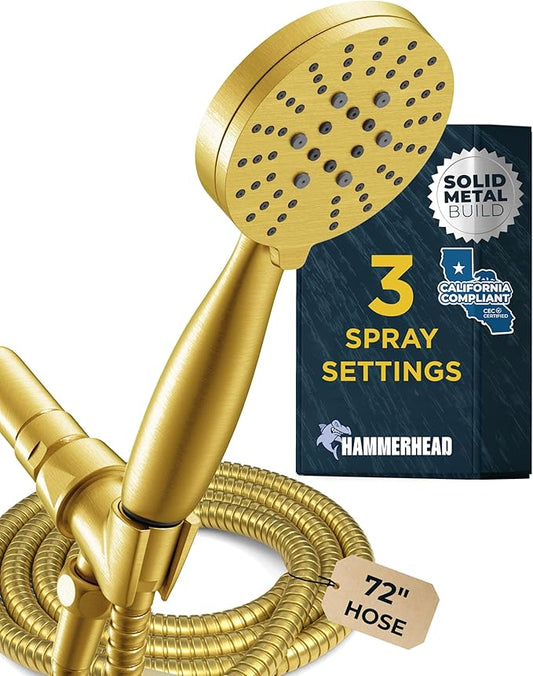 HammerHead Showers® Solid Metal 3-Spray Handheld Shower Head with Long Hose and Holder - BRUSHED GOLD - WIDE, MASSAGE, and MIST Sprays - 1.8 GPM Low Flow Handheld Showerhead - Water Saving Shower Head