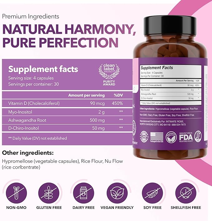 Intimate Rose Myo-Inositol & D-Chiro Inositol Supplement for Women - Hormone Balance & Ovarian Support for Women - Ideal 40:1 Ratio, Vitamin D3 + Ashwagandha