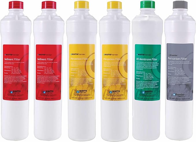 Watts Premier Annual RO Pure Plus 6-Pack Filtration Kit for Zero/Pure Plus Reverse Osmosis System, Push Button Water Filter Replacement, 2 Sediment Filters, 2 Carbon Pre-Filters, VOC, Membrane