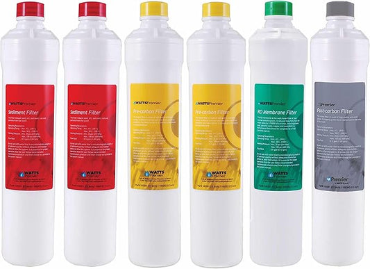 Watts Premier Annual RO Pure Plus 6-Pack Filtration Kit for Zero/Pure Plus Reverse Osmosis System, Push Button Water Filter Replacement, 2 Sediment Filters, 2 Carbon Pre-Filters, VOC, Membrane