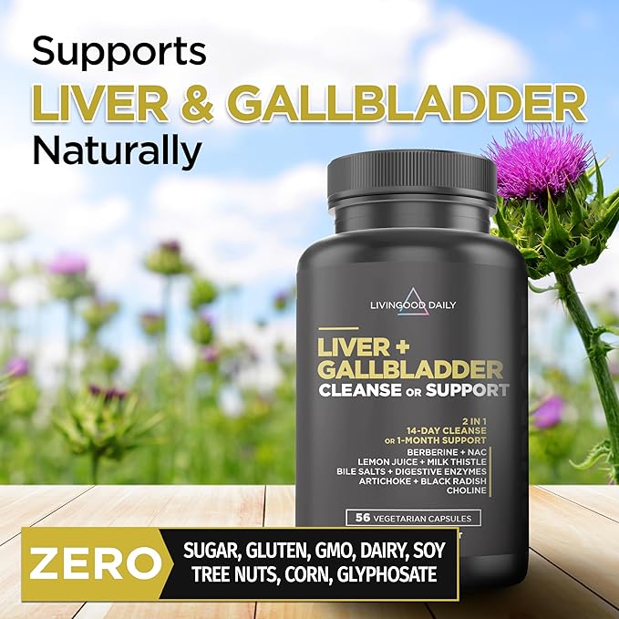 Livingood Daily Liver & Gallbladder Cleanse or Support Supplement with Milk Thistle, Ox Bile, Bile Salts, Digestive Enzymes and Artichoke Leaf Extract, Digestive Health & Liver Support, 56 Capsules