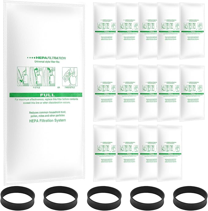 15 + 5 Pack Compatible with Vacuums 204811 Micron Magic Hepa Filter Plus Bags Universal Hepa Cloth Bags and Belts 301291 for F-Style and Twist-Style, and All Models Generation 4 - Sentria II