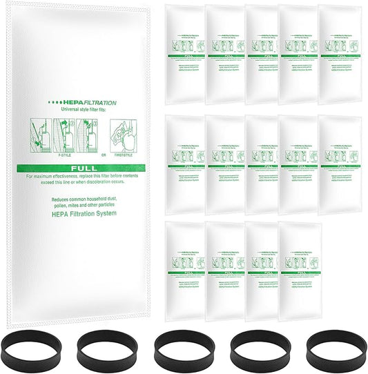 15 + 5 Pack Compatible with Vacuums 204811 Micron Magic Hepa Filter Plus Bags Universal Hepa Cloth Bags and Belts 301291 for F-Style and Twist-Style, and All Models Generation 4 - Sentria II