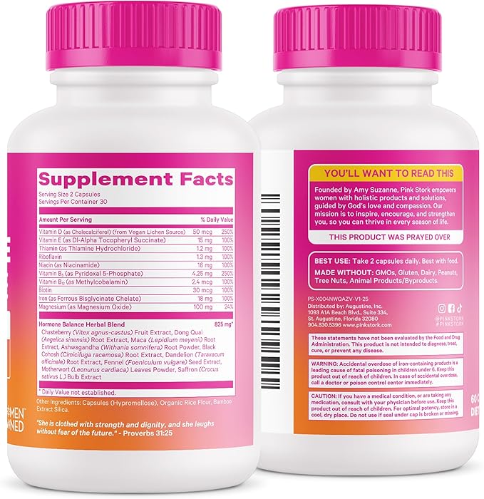 Pink Stork Hormone Balance Multivitamin - 18-in-1 Daily Vitamin with Adrenal and Cortisol Support - Mood, Stress, Energy Support - Perimenopause, PMS and Period Relief - Vitex + B-Complex + Saffron