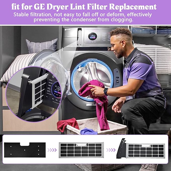 WH01X35719 Lint Filter Compatible with Ge Profile Washer Dryer Combo Foam Filter for PFQ97HSPV0DS Combo Washer Dryer Filter with Lint Brush (1 Long Handled Brush) - Hand Washable and Reusable (2pack)