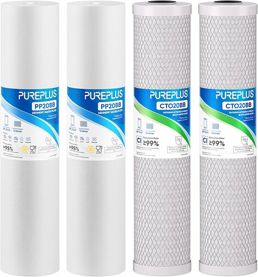 PUREPLUS 5 Micron 20"x4.5" Whole House Water Filter Cartridge Combo Kit with Sediment and Activated Carbon Block Filter - Replacement for FPMB5-20, AP810-2, FC25B, EPM-20BB, 2 PACK