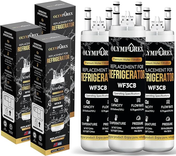 WF3CB Refrigerator Water Filter Replacement, Premium Replacement for WF425, Pure Source 3, 706465, 242069601, 242086201, 242017800, PS3412266, Fridge Water Filter, 9 Inches (Pack 3)