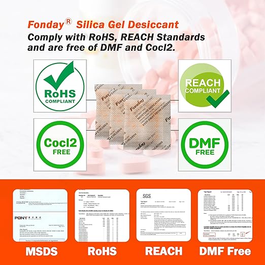 20Gram 50Packets Fonday Rechargeable Silica Gel Desiccant Packets Food Grade Fast Reactivate Desiccant Bags Moisture Indicating Orange to Green