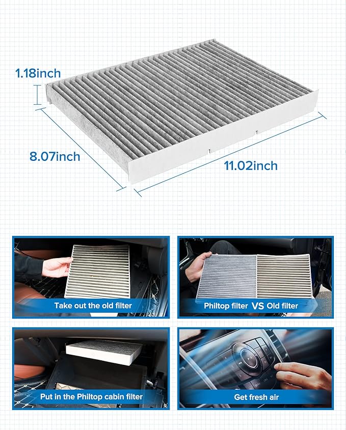 PHILTOP Cabin Air Filter, Replacement for Jetta 1993-2005, Passat 2001-2005, Golf 1993-2006, Premium ACF053(CF8644A) Cabin Filter with Activated Carbon Clean Airflow, Filter Up Dust Pollen