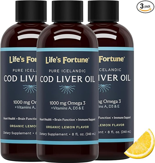 Life's Fortune Cod Liver Oil Liquid Lemon Flavor Organic Supplement with DHA, EPA 1000 mg High Potency Omega-3s + Vitamin A, E & D3 - Supports Immune, Joints, Eyes, 8 Fl Oz (Pack of 3)