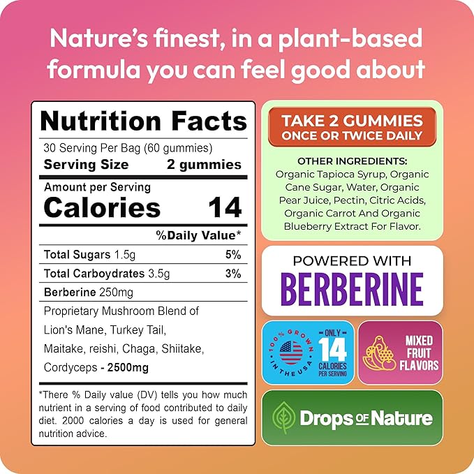 Mushroom Gummies & Berberine Supplement - Lion's Mane, Turkey Tail, Maitake, Reishi, Chaga, Shiitake & Cordyceps - Organic Mushroom Supplement - Boosts Focus & Immune System (Mixed Fruits, 60 Gummies)