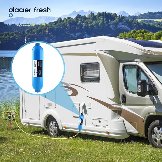 GLACIER FRESH RV/Marine Water Filter with 2 Flexible Hose Protector, Greatly Reduces Bad Taste, Odors, Chlorine and Sediment in Drinking Water, 4 Pack