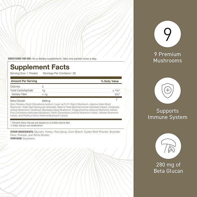 Umeken Beta Glucan, Immune Boost, Mushroom Extract, Dietary Supplement, Blend of 9 Premium Mushroom Extract Packets, Easy to Take Beta Glucan Supplements, 1 Month Supply, 30 Count Box, Pack of 1