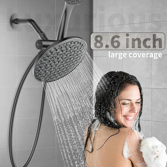 8.6 inch High Pressure 3-Way Shower Heads Combo, Pulsating Rainfall Shower Head, 6-Settings Dual Shower Head with Handheld Hose 6ft Black