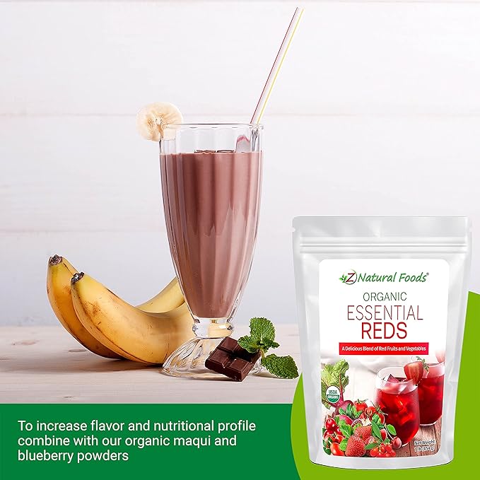 Z Natural Foods Organic Essential Reds, Organic Juice Powder, Super Blend of 10 Red Fruits and Vegetables, Superfood Smoothie Powder, Non-GMO, Vegan, 1 lb